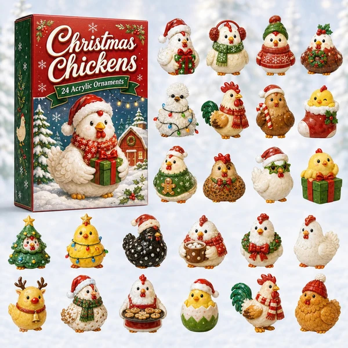 Full Christmas Chickens ornament lineup
