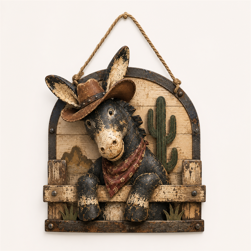 🫏 Rustic Cowboy Donkey Wall Hanging – Western Farmhouse Décor & Country Keepsake