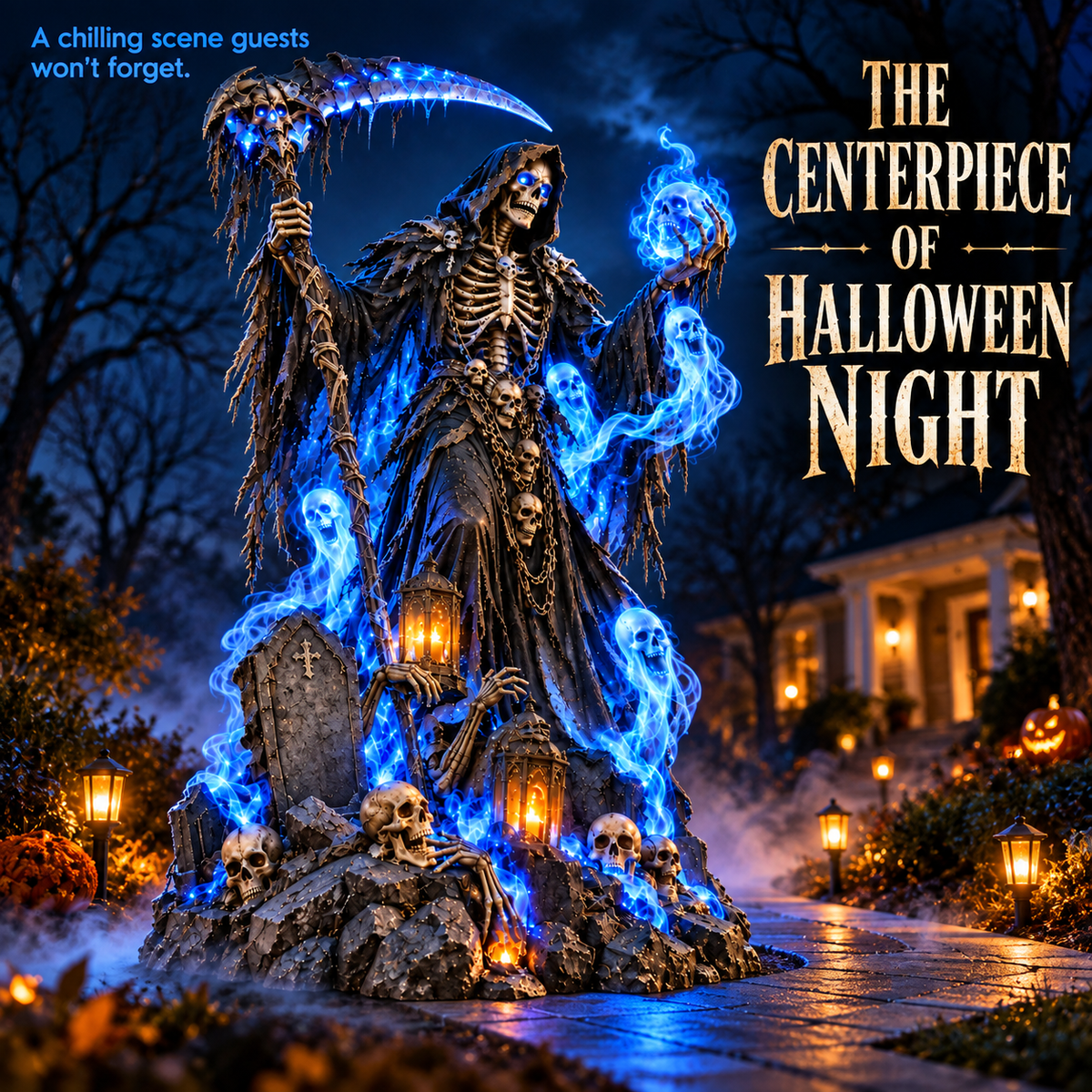 Giant Haunted Soul Reaper Lighted Halloween Yard Decoration – Glowing Grim Reaper with Ghostly Blue Spirits