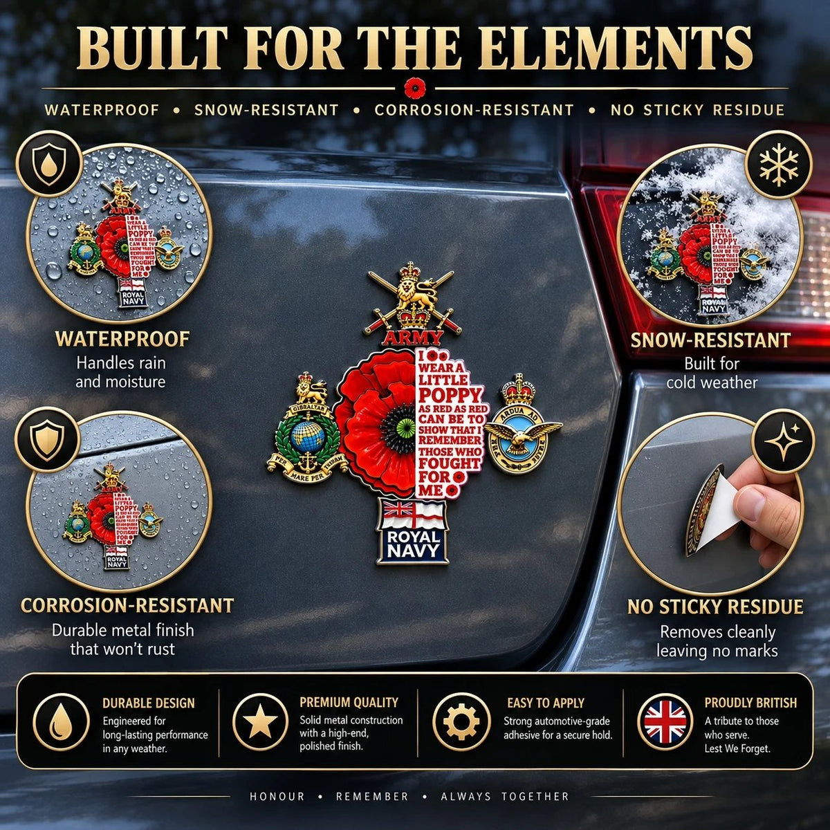 🌺 British Armed Forces “Lest We Forget” Remembrance Poppy Tribute Metal Car Emblem | 7–8-Inch 3D Metal Design with Raised Military-Inspired Details & Heavy-Duty Adhesive Backing 🇬🇧