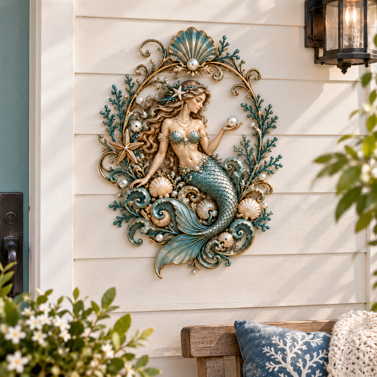 Mermaid & Pearl Ocean Metal Wall Decor โ Coastal Beach House Wall Art