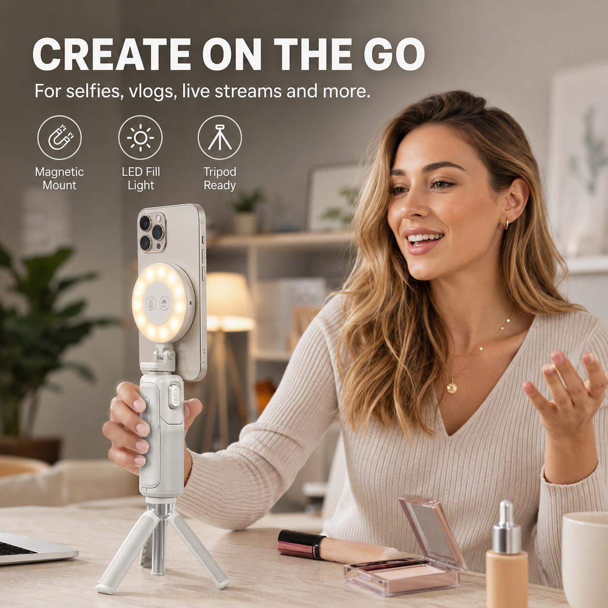 4-in-1 Magnetic Palm Grip Selfie Stick with LED Fill Light