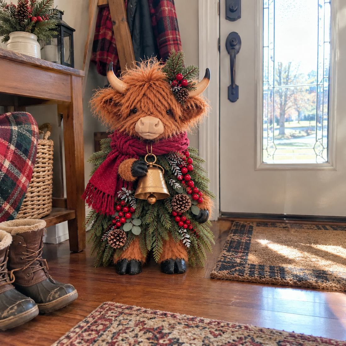 Christmas Highland cow near a family sofa and Christmas tree