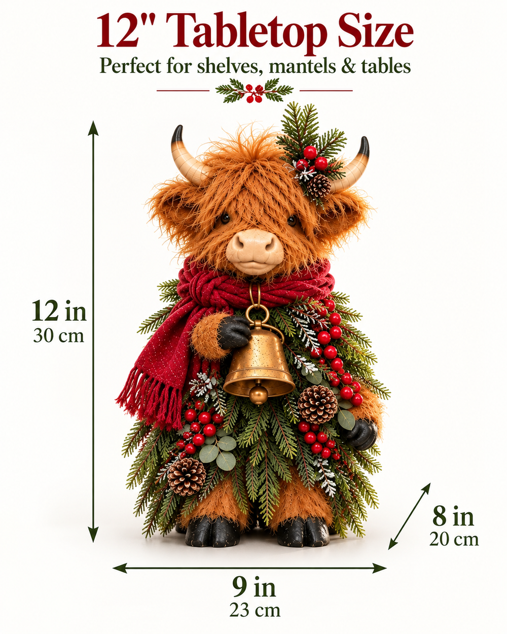 12 inch tabletop version size chart: 12 inches tall, 9 inches wide, 8 inches deep