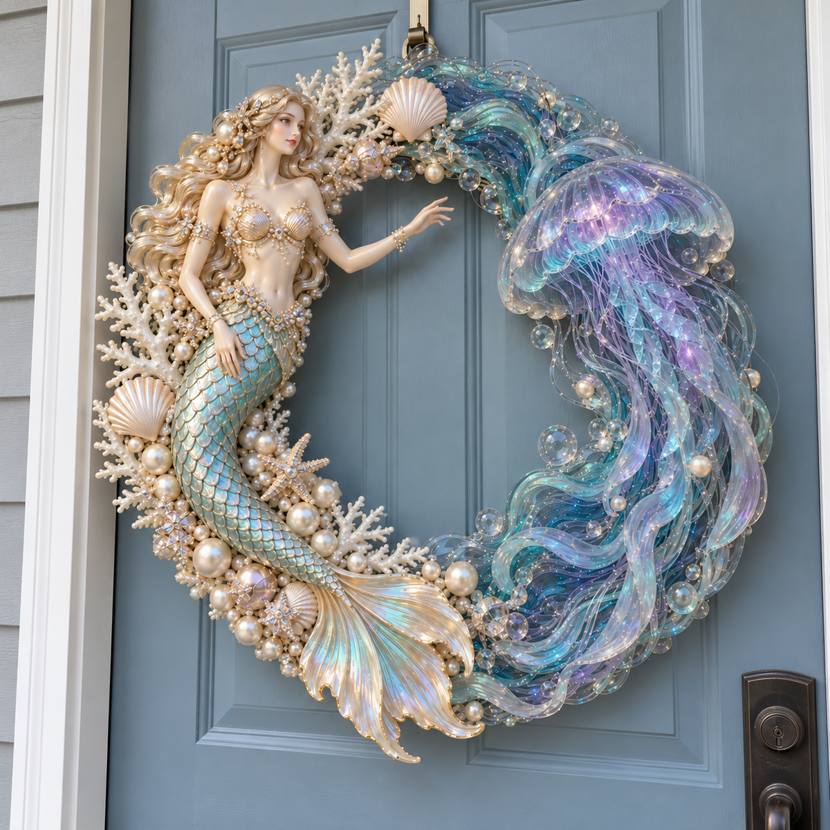 Iridescent mermaid and jellyfish ocean wreath photographed on a front door in daylight