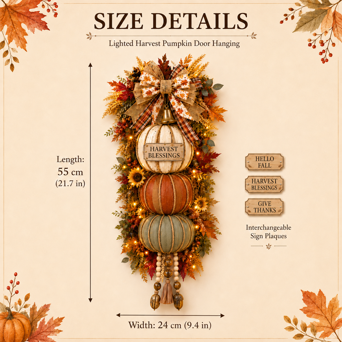 ๐ก๐Lighted Stacked Pumpkin Fall Door Decor with 3 Seasonal Plaques
