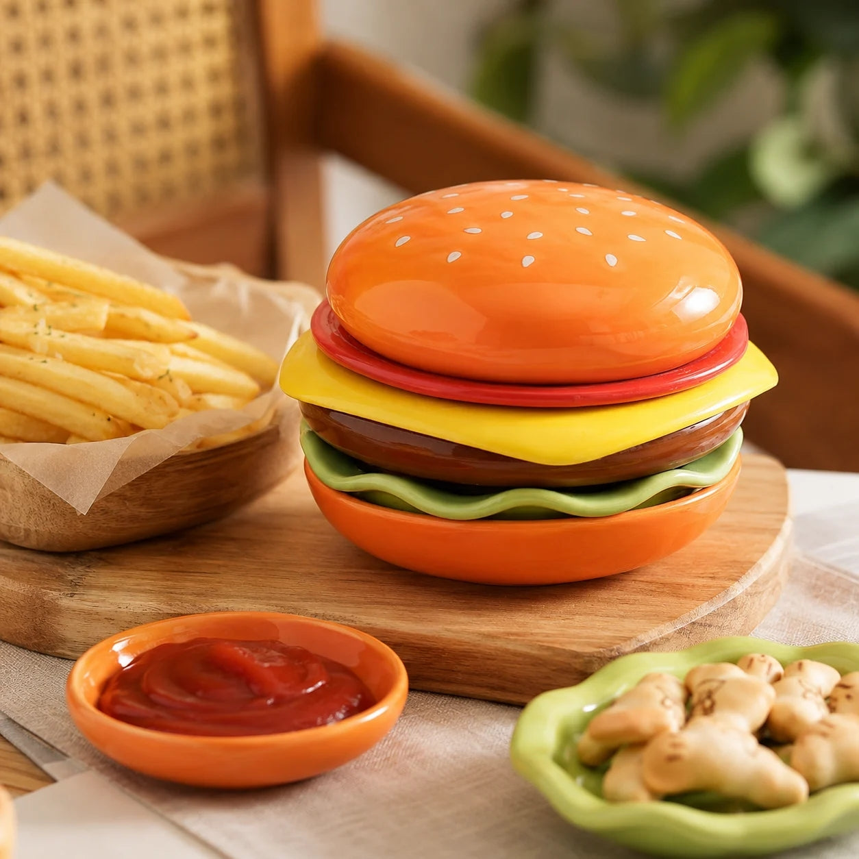 Burger Stack Ceramic Snack & Sauce Dish Set