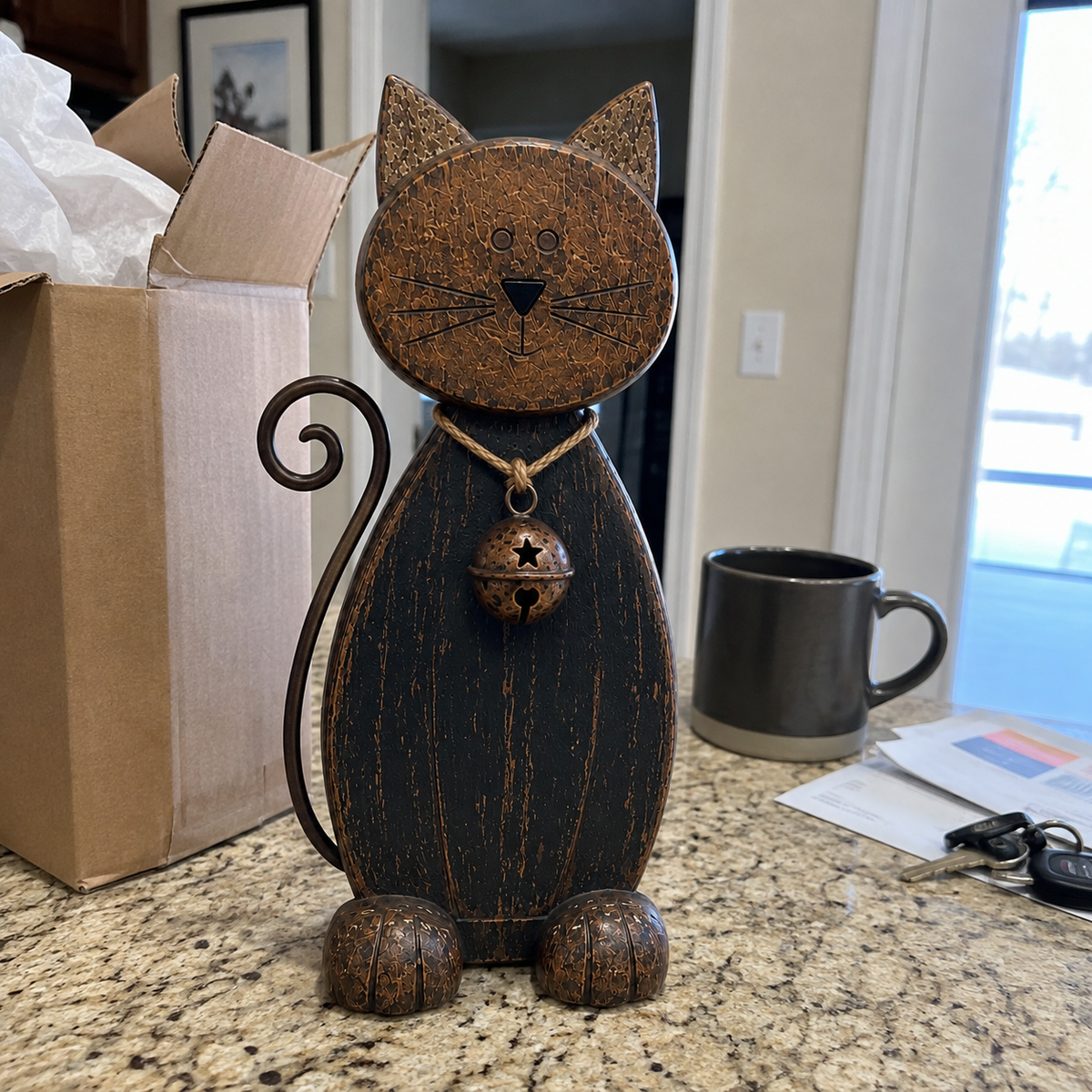 The Little Farmhouse Guardian Cat - Vintage Rustic Metal Cat Decor with Bell Pendant