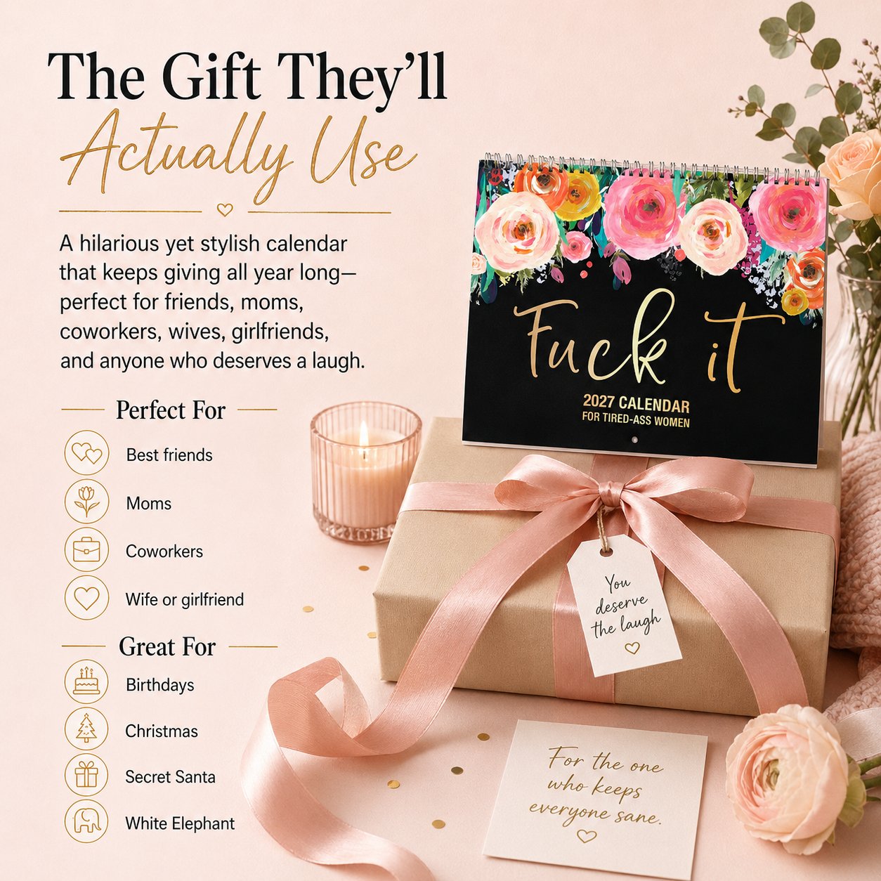 ๐ธ๐ 2027 Zero-F*cks Floral Wall Calendar โ 12 Months of Sarcasm, Chaos & Pretty Flowers