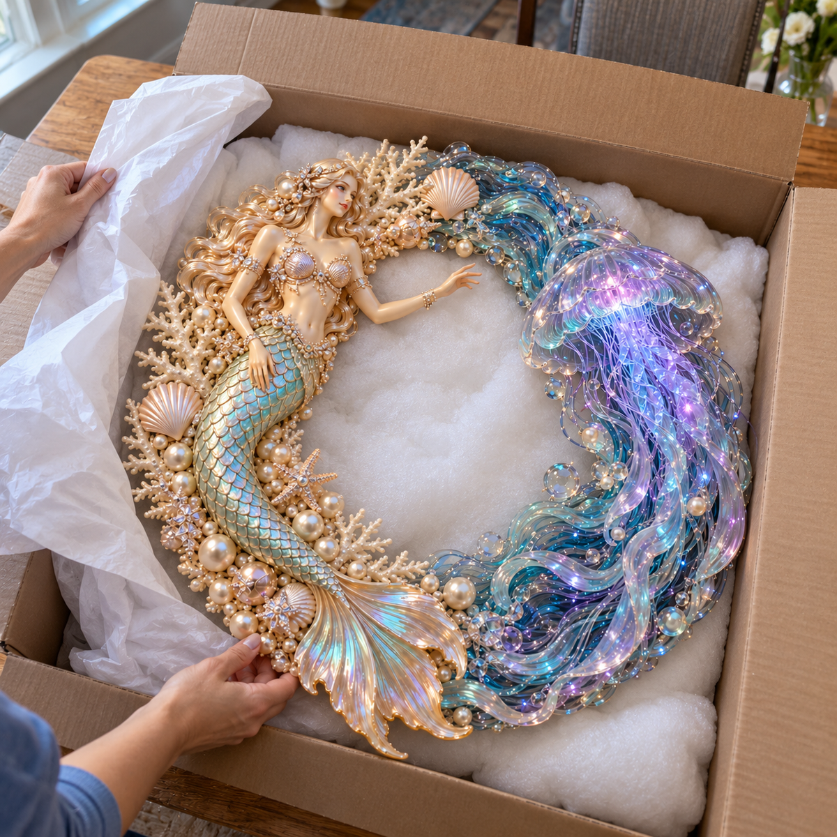 Mermaid ocean wreath in a bright daytime entryway