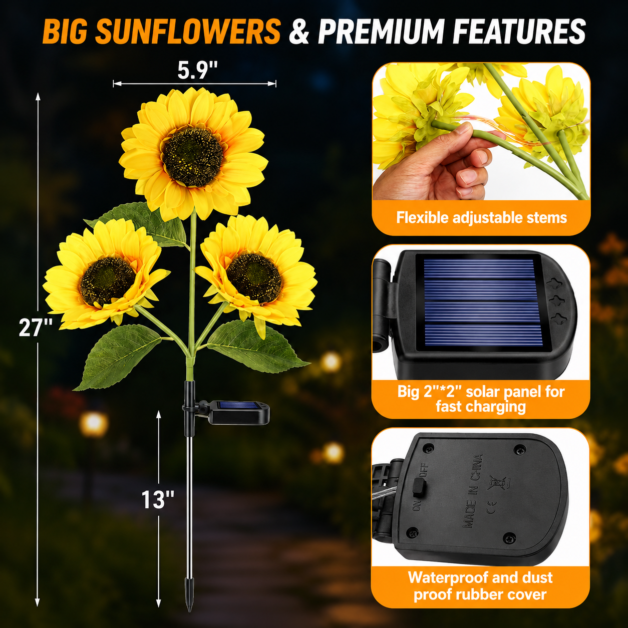 2-Piece Solar LED Sunflower Garden Lights, Realistic