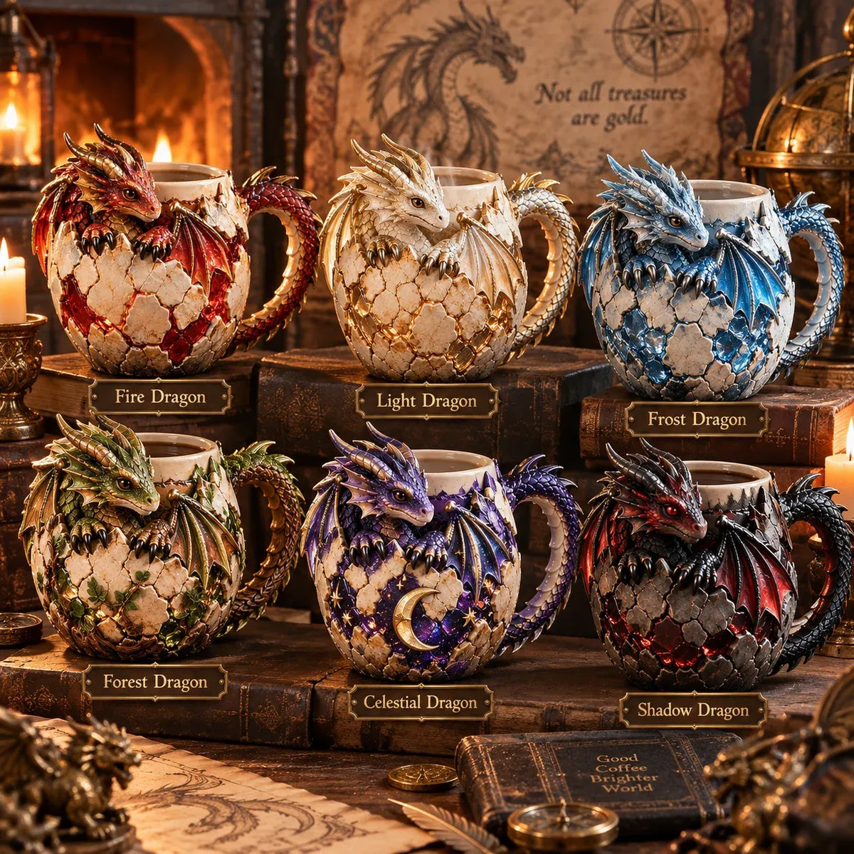 🐉 Dragonbound Realms™ Sculpted Dragon Mug Collection | 6 Fantasy Realm Designs with Raised 3D Dragon Details ☕