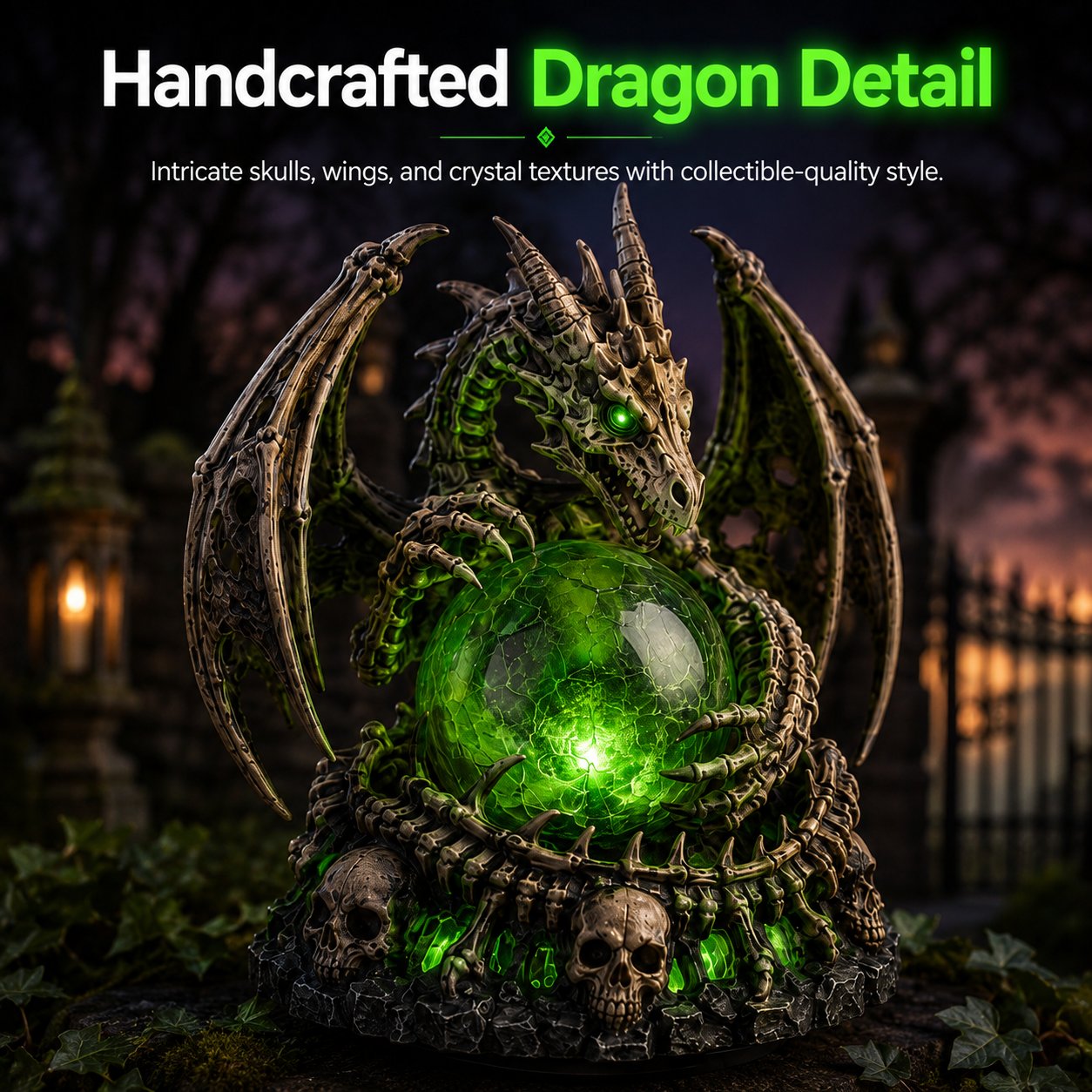 🐉💀 Solar Dragon Skull Crystal Orb Garden Light