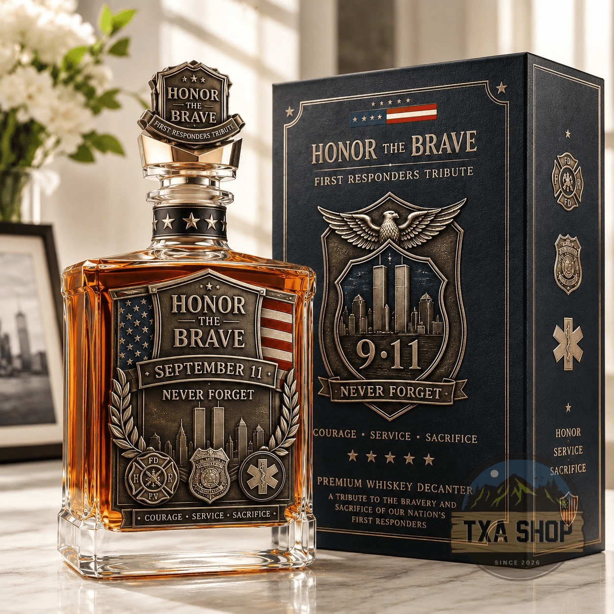 Honor the Brave Relief Decanter & Emblem – Hero Commemorative Ornament for Home Bar Display