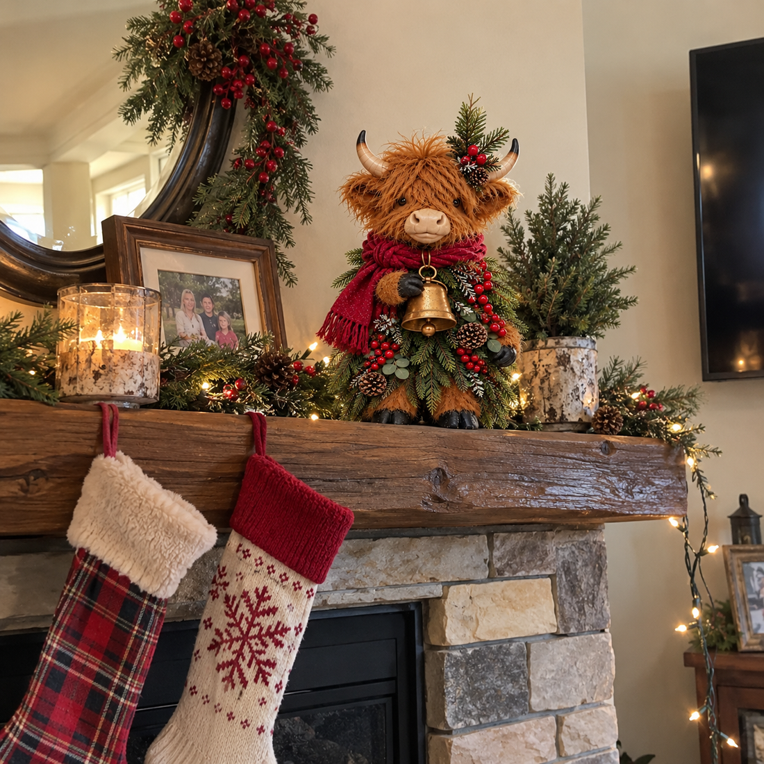 Holiday Highland cow sitting on a decorated fireplace mantel