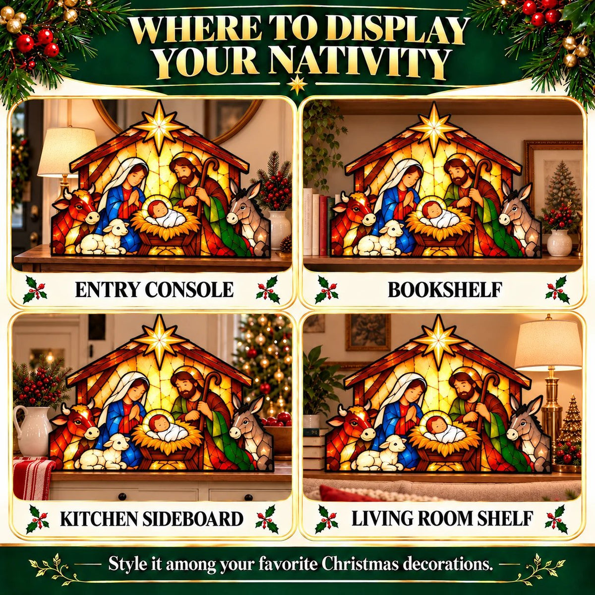 ✝️ Nativity Scene Christmas Decoration 🎄✨ Stained Glass Style Holy Family Display with Baby Jesus, Mary, Joseph & Stable Animals 🕊️🎁