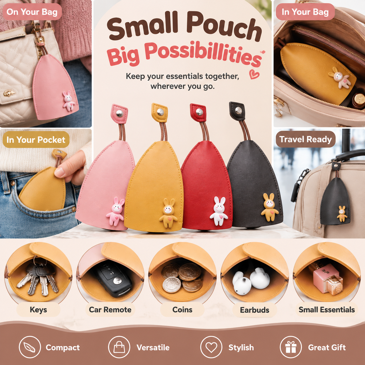 Cute Cartoon Pull-Out Leather Car Key Pouch & Organizer π°β¨