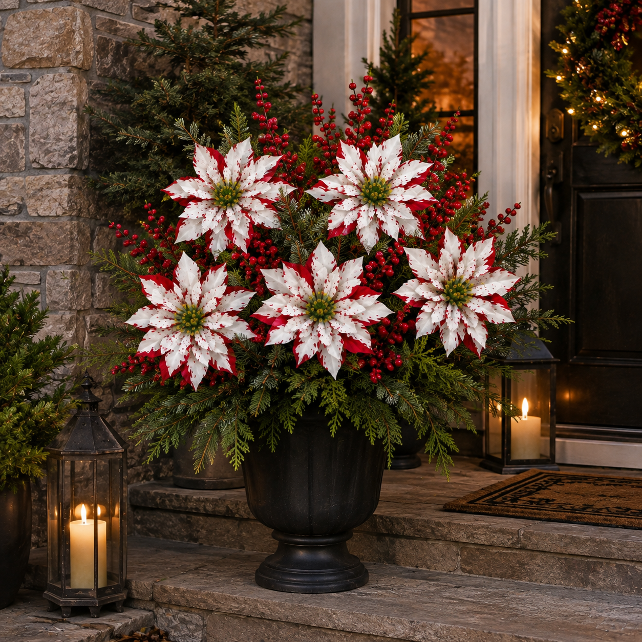 Christmas Poinsettia Planter Inserts – Set of 6 Red & White Holiday Floral Picks