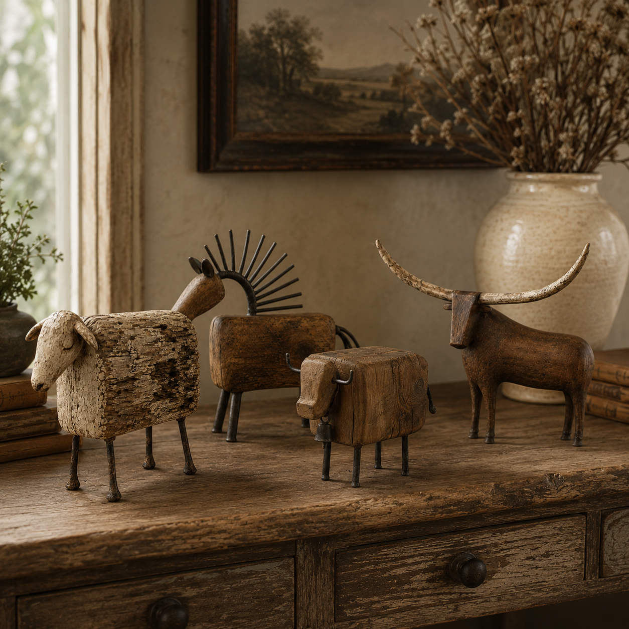 Vintage Primitive Farm Animal Sculptures – Rustic Wood & Metal Collection