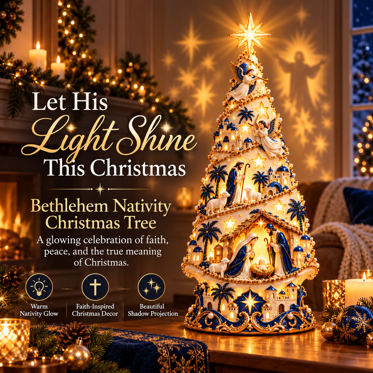 🔥Last Day 50% OFF-✨✝️ Bethlehem Nativity Light-Up Christmas Tree – Jesus Shadow Projection Holiday Decor