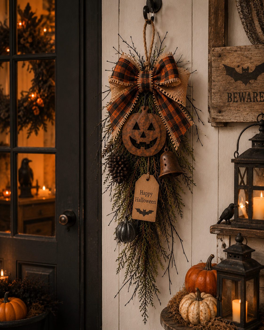🎃🍂 Rustic Halloween Pumpkin Door Swag – Plaid Bow & Bell Hanging Décor