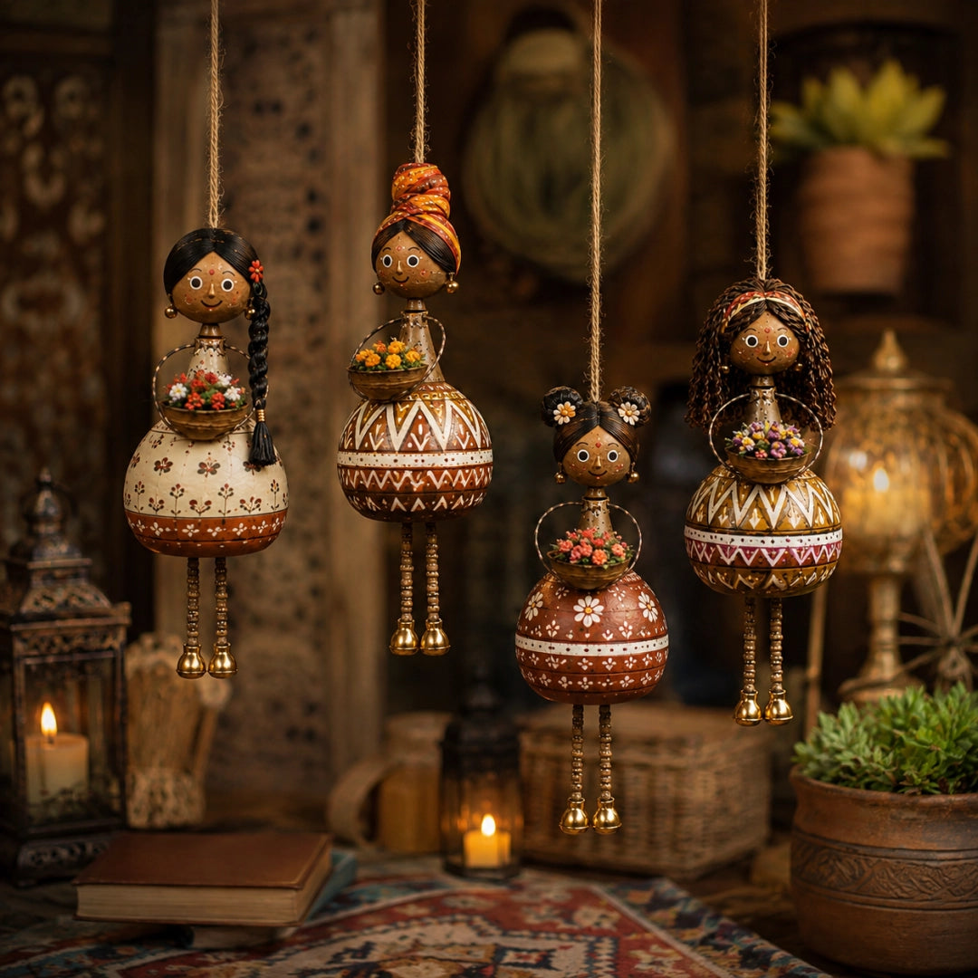 Handcrafted Folk Art Hanging Doll Ornaments – 4-Piece Rotating Decorative Set