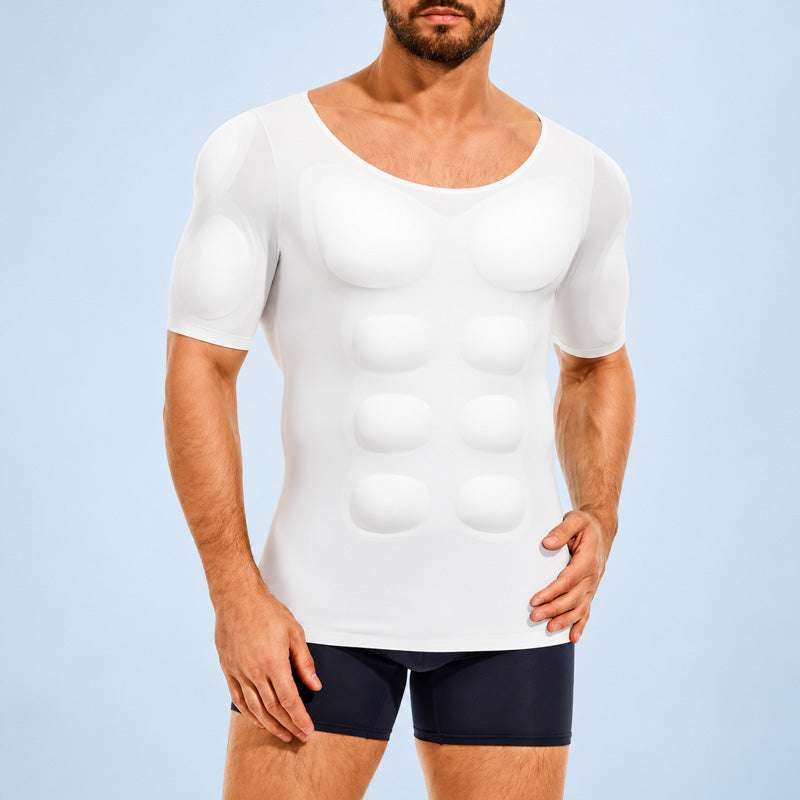 💪 Men's Muscle Enhancing Shaping T-Shirt – Sculpted Chest & Abs Look, Slim Fit Compression Base Layer, Short Sleeve Undershirt