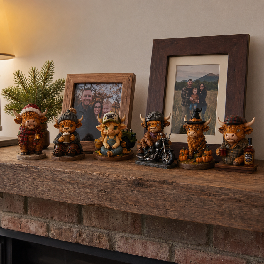 Highland cow figurines displayed on a family mantel