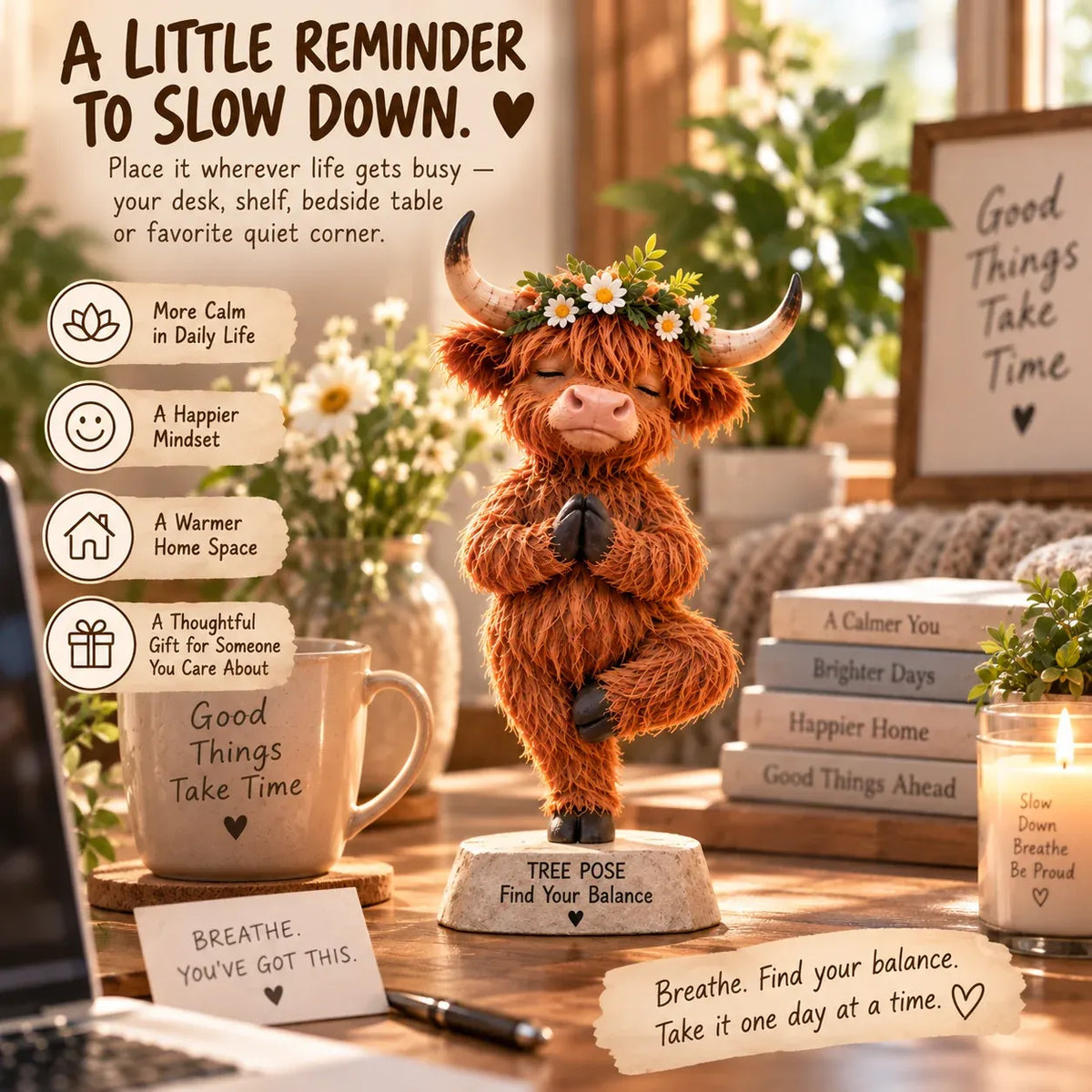 🧘🐮 Zen Highland Cow Figurine – A Whimsical Yoga Companion for Peaceful Spaces