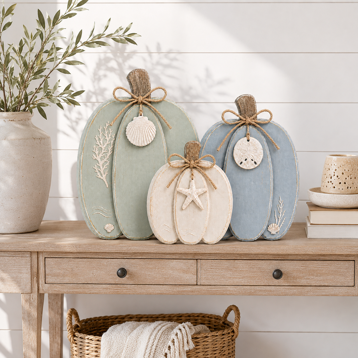 🌊🎃 Coastal Wooden Pumpkin Tabletop Decor – Set of 3 with Sea-Inspired Details