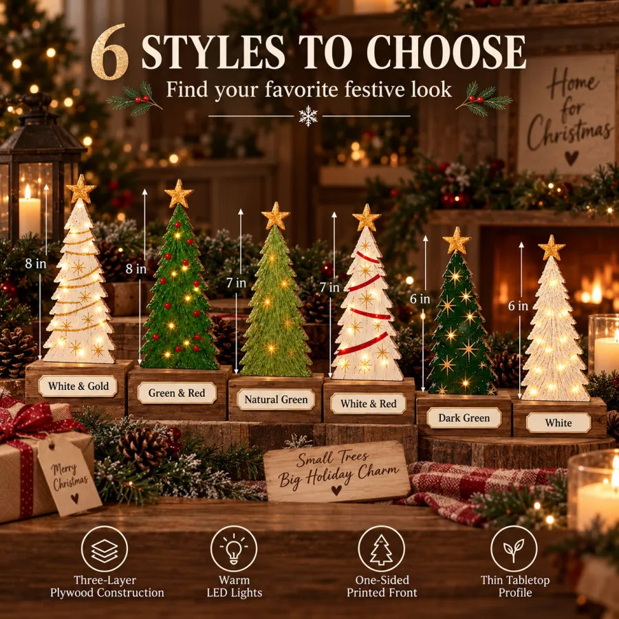 🎄Vintage Lighted Wooden Christmas Trees – Set of 6
