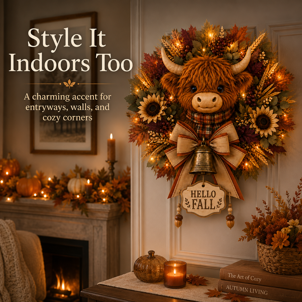 🐮🍂 Highland Cow Harvest Wreath with Warm Lights & 3 Interchangeable Plaques