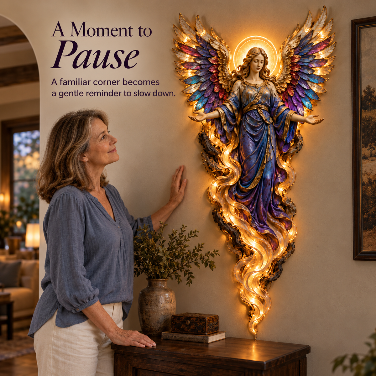 A woman admiring Gabriel angel wall decoration at home