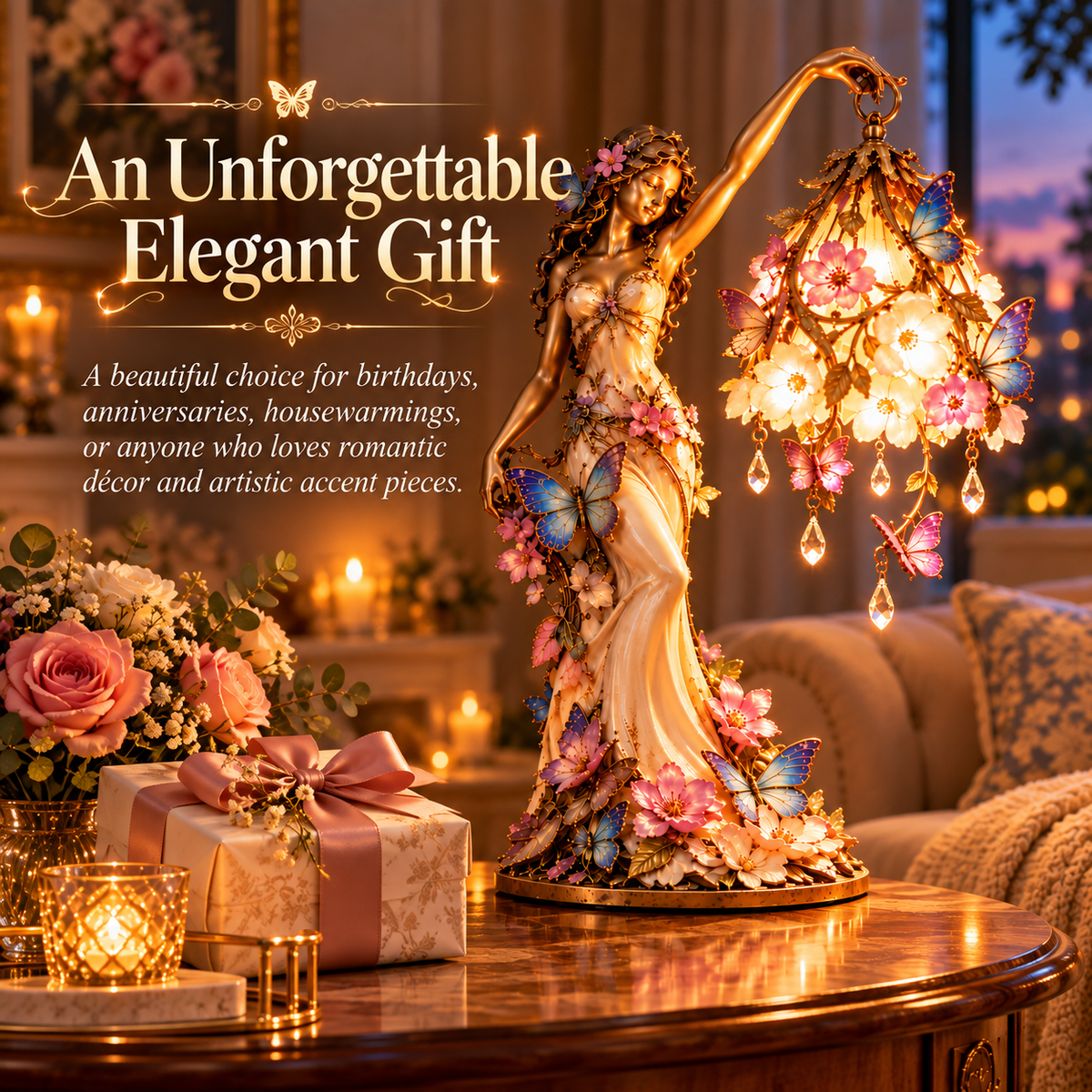 π¦ Butterfly Lady Accent Lamp β Elegant Floral Goddess Light with Crystal Drops