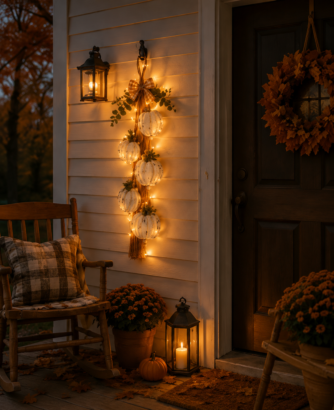 🍂Rustic White Pumpkin Hanging Swag – 5-Pumpkin Fall Wall & Door Decor