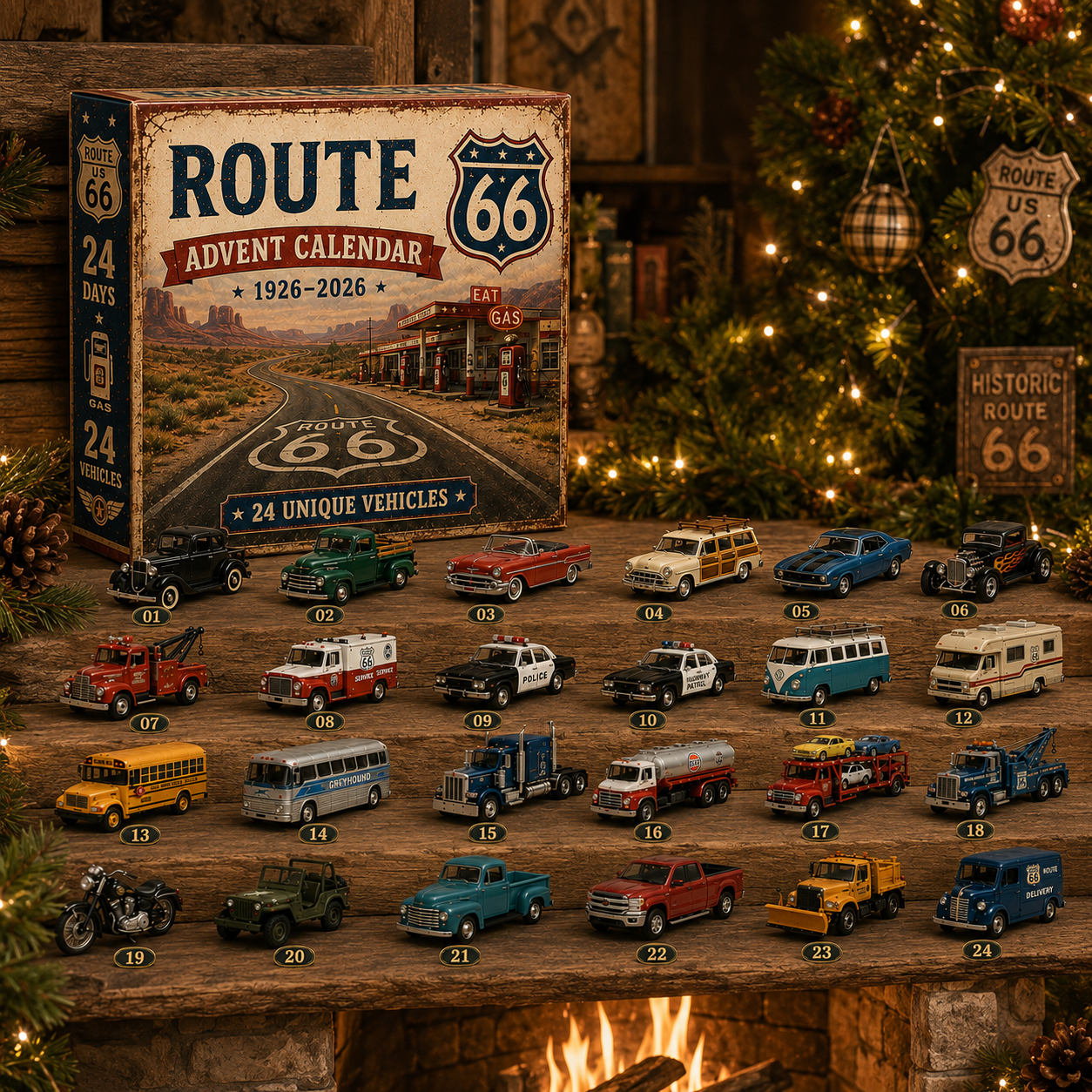 🚗🎄Route 66 Centennial Advent Calendar – 24 Days of American Road Legends | 1926–2026 Collector’s Edition