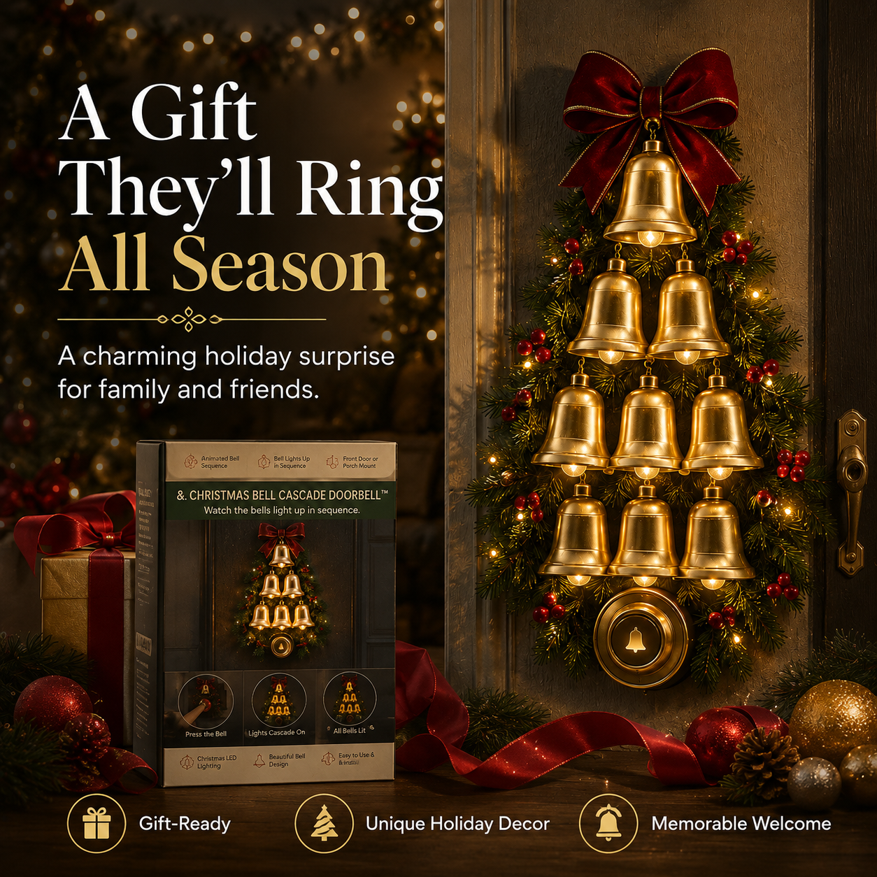 π Christmas Bell Cascade Doorbellβ’ β Light-Up Holiday Chime Door Decor π