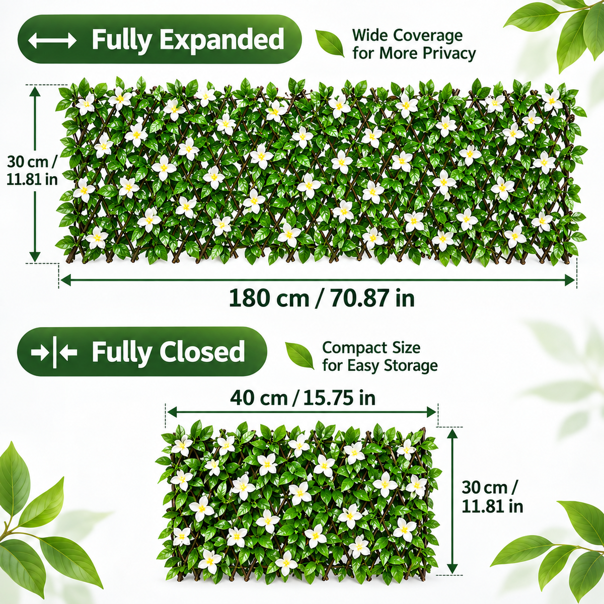 🍀Expandable Faux Ivy Fence with White Flowers - Stretchable Privacy Screen for Balcony, Patio & Garden Walls