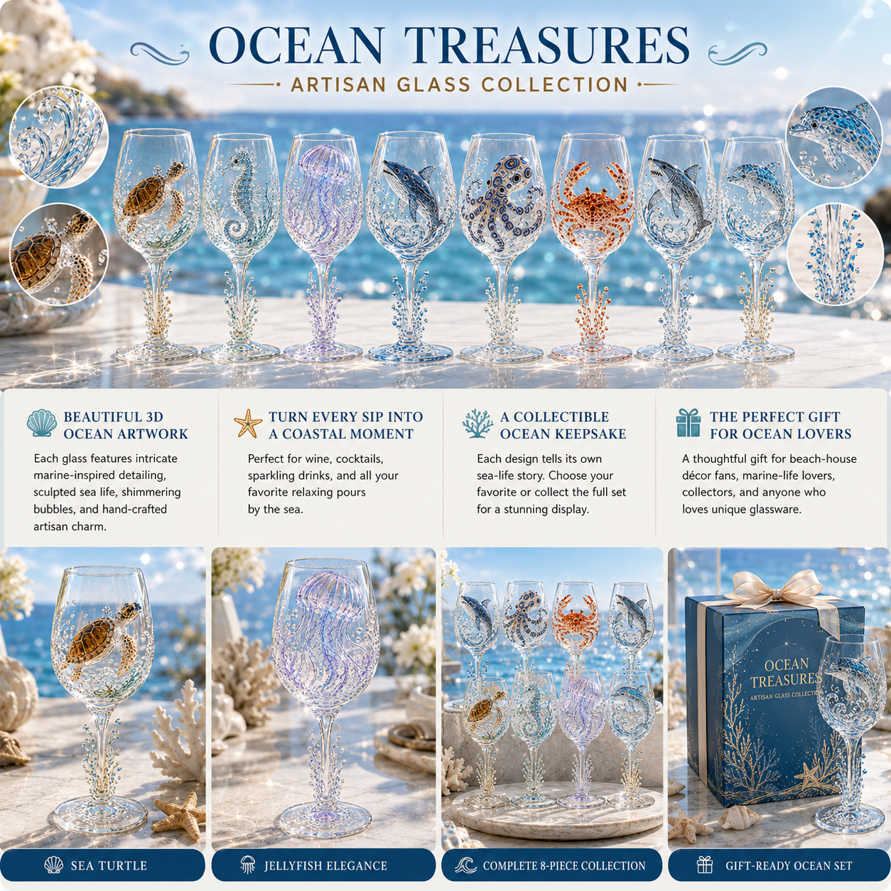 πOcean Treasures Handcrafted 3D Sea Life Wine Glass Collection