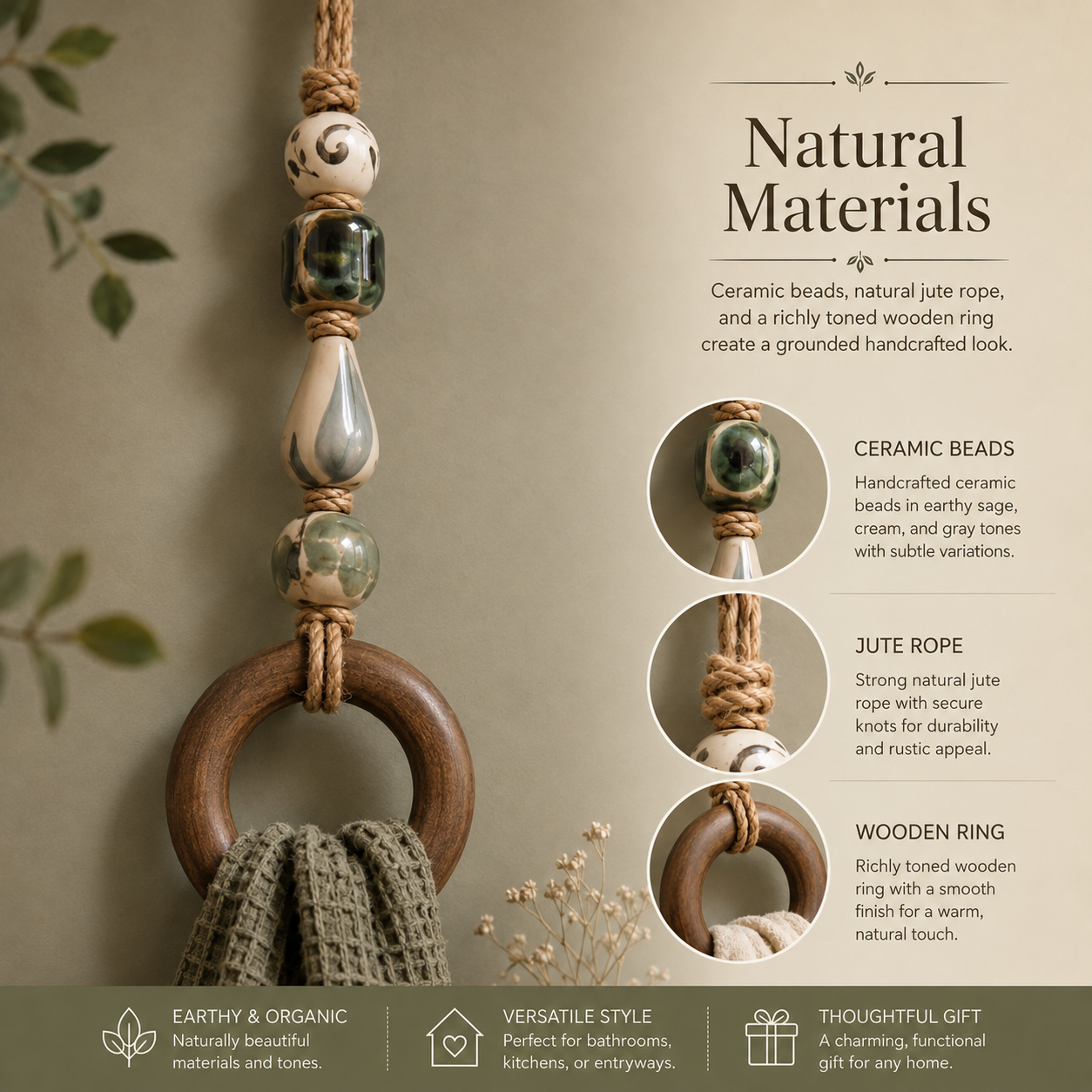 Decorative Beaded Towel Hanger with Wooden Ring
