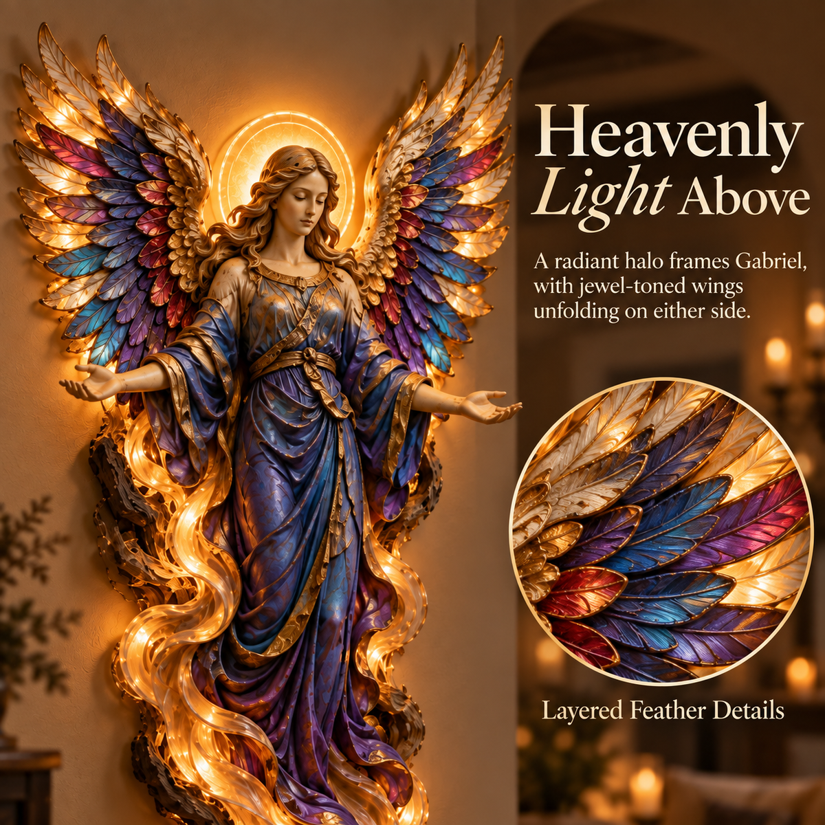 Detail of Gabriel colorful wings and halo