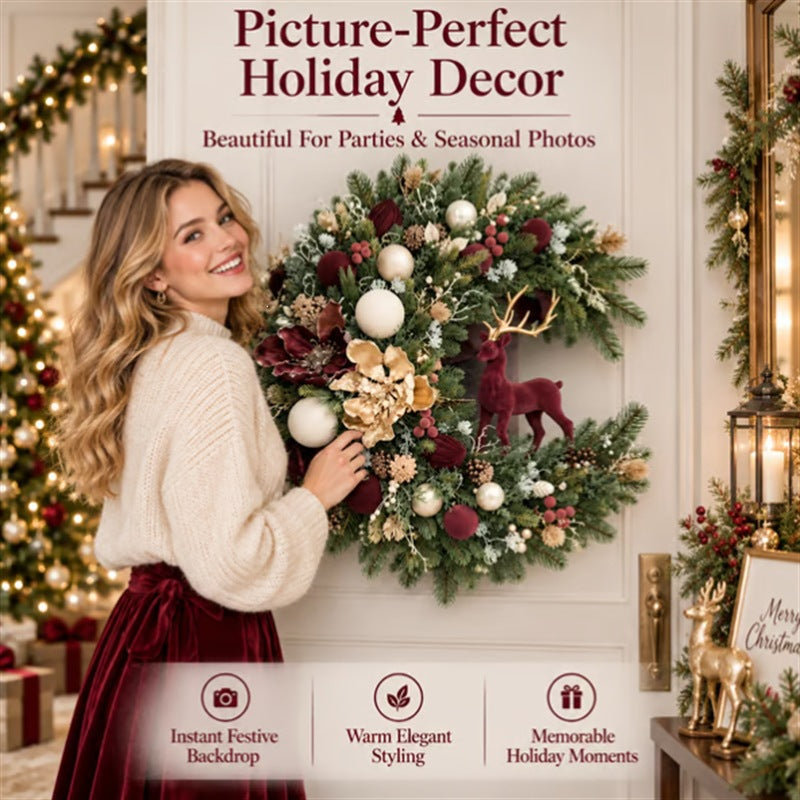 Old-World Yuletide Door Wreath ๐ Velvet Reindeer with Heirloom Florals