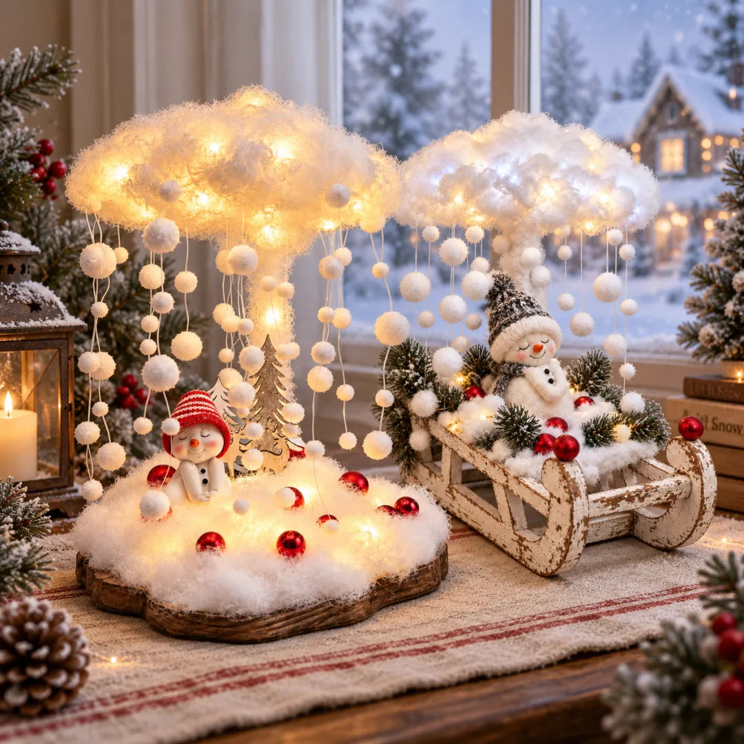 Lighted Snowfall Cloud Snowman Scene