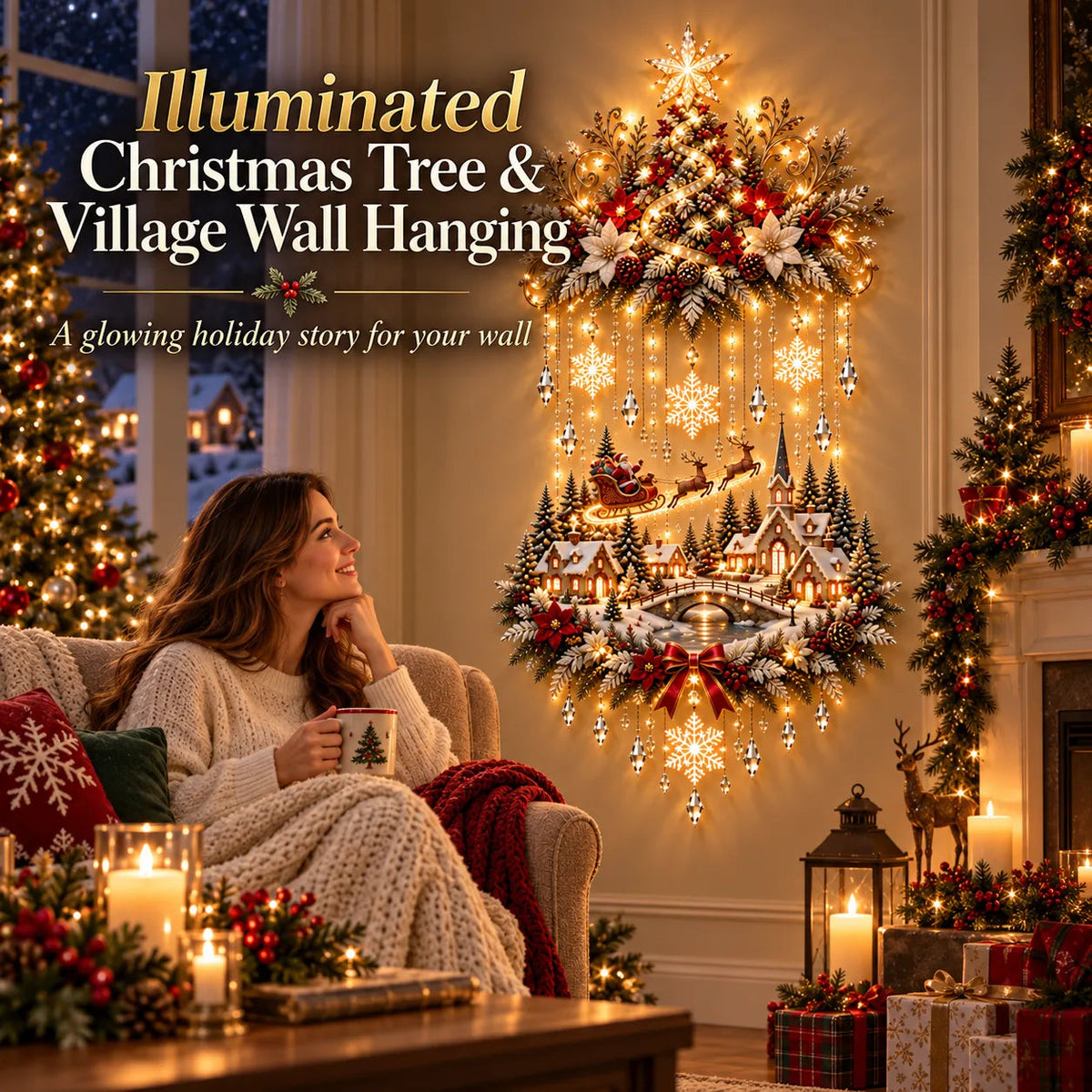 π Illuminated Christmas Tree & Village Wall Hanging | Cascading Warm Lights for Living Rooms, Entryways & Staircases β¨