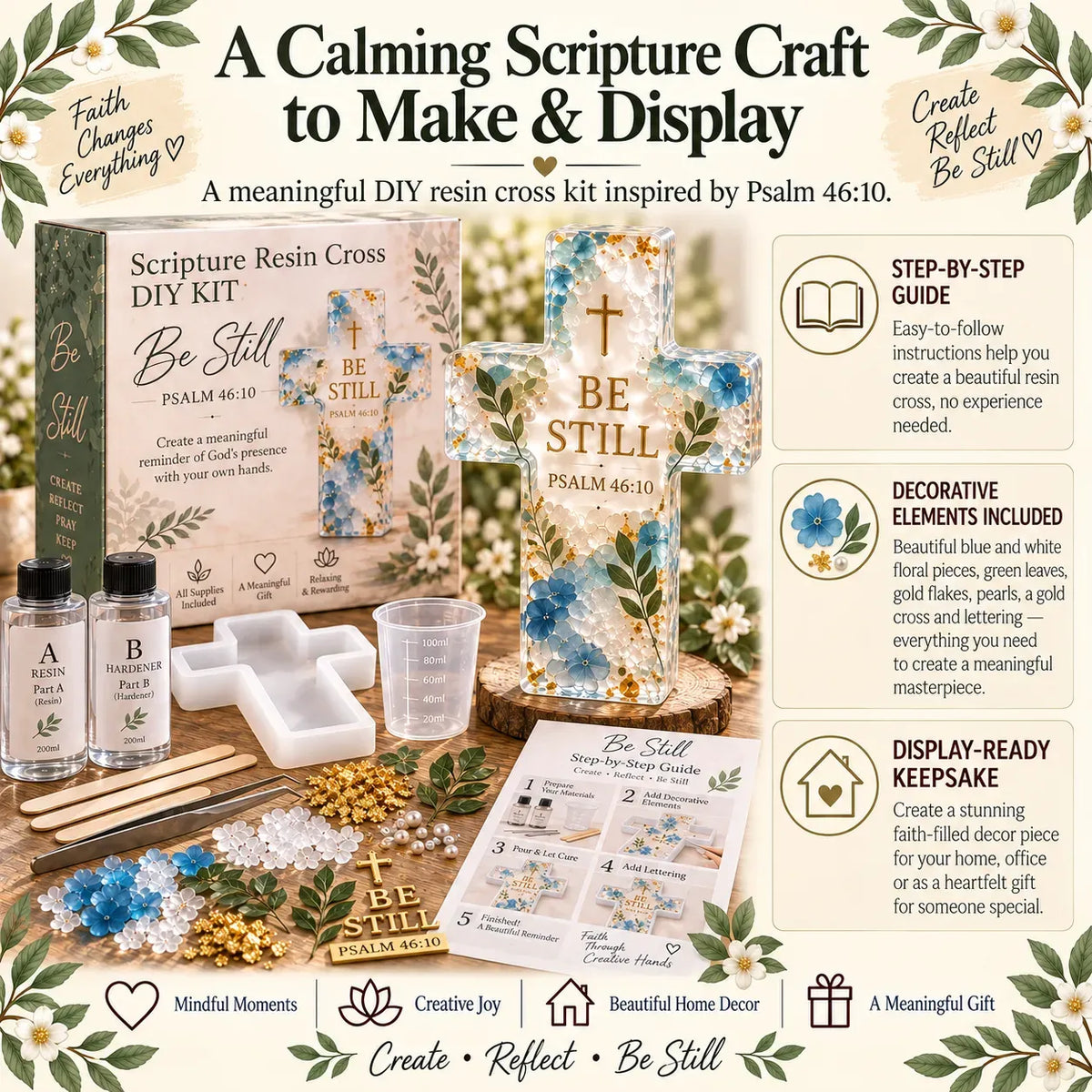 โ๏ธ๐ธ Faithful Floral Resin Cross Craft Set โ Complete Beginner DIY Keepsake Kit