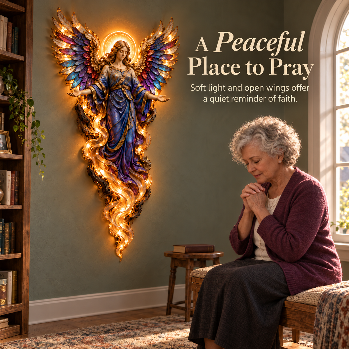Gabriel angel wall sculpture in a comfortable prayer space