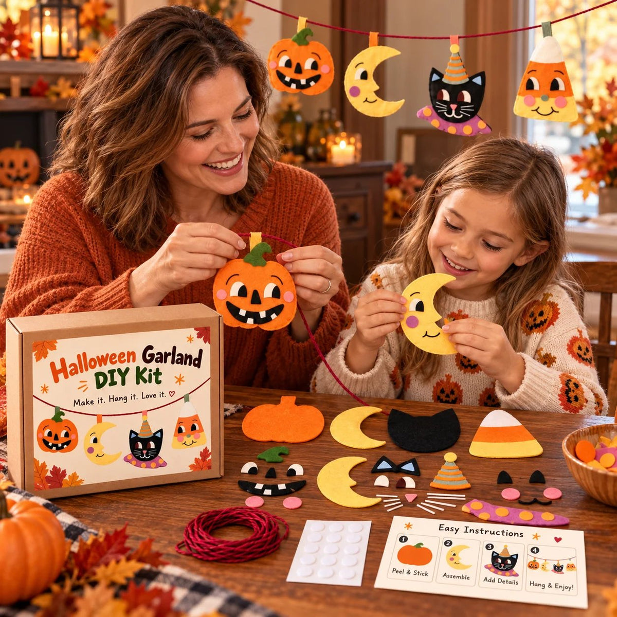 🎃 Halloween Garland DIY Kit – Cute Felt Craft with Pumpkin, Moon, Black Cat & Candy Corn 🐈⬛🌙
