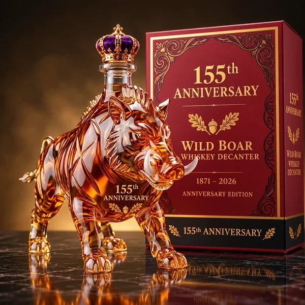 Amber-toned wild boar commemorative decanter displayed beside burgundy gift box
