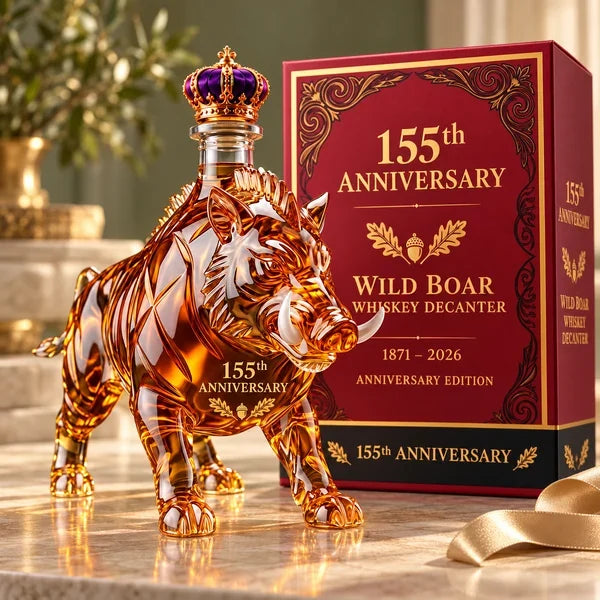Wild boar decanter displayed with burgundy presentation box