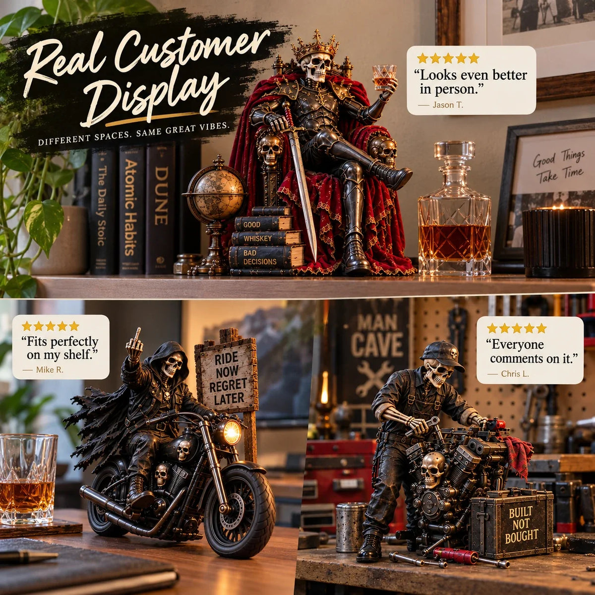💀🔥 Bad to the Bone – 6 Dark Humor Skeleton Collectibles for Men, Man Cave Decor & Unique Gifts 🎁
